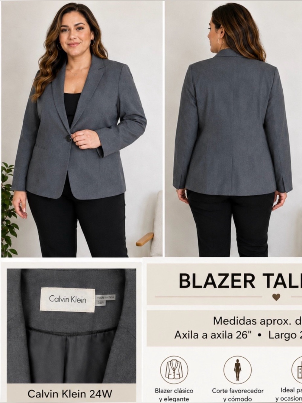 Calvin Klein Women’s Gray One Button Blazer Jacket Size 24W